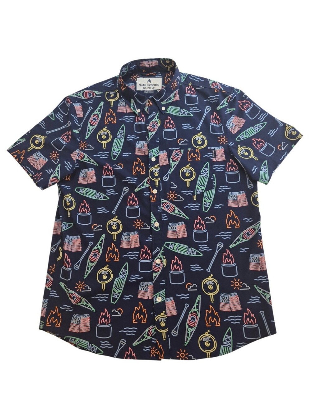 Chubbies Button Up Shirt Neon Campfire Canoe Print USA Flag Summer NYC Large
